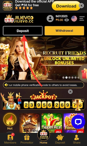 Step 1: JILIEVO casino login and click “Deposit”