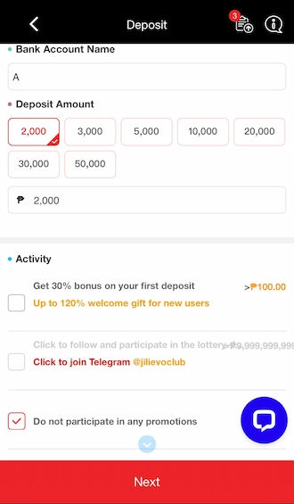 Step 2: Enter the deposit amount and press next